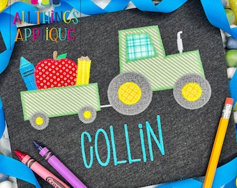 Tillbaka till skolan-traktor med Apple Pencil och Crayon Zick Zag-applikationsdesign av All Things Applique