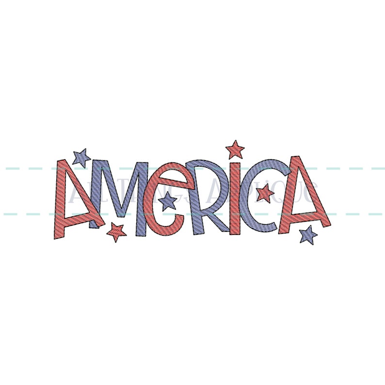 May include: The word "AMERICA" is written in red and blue with stars around it.