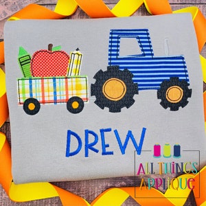 Back to School Tractor Applique Design for Machine Embroidery with Pencil Crayon and Apple