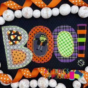 Boo! Halloween Applikation für Maschinenstickerei - Beanie Vintage Stich Stickdatei für Halloween
