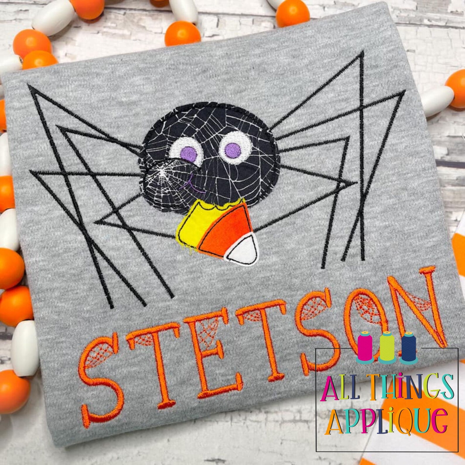 Halloween Applique Design - Spider Eating Candy Corn Bean Stitch ...