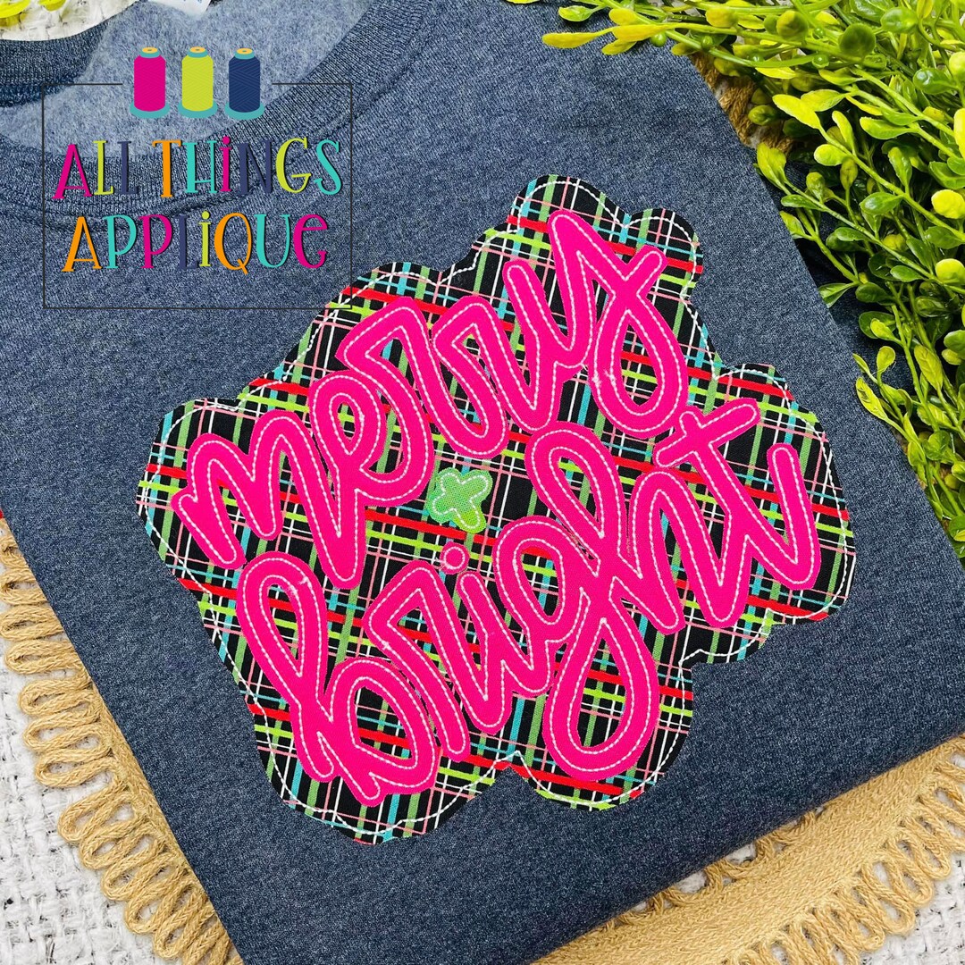 Merry Bright Hand Lettered Cursive Applique Design Double Layer Stacked