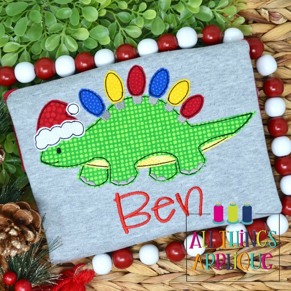 Christmas Dinosaur Applique Design - Stegosaurus with Christmas Lights and Santa Hat - Bean Stitch Applique Design for Machine Embroidery