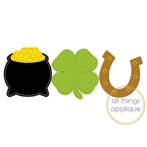 May include: A black pot filled with gold coins, a green four-leaf clover, and a brown horseshoe.  The image is a digital illustration of a traditional Irish good luck charm.