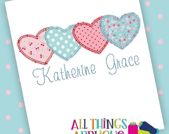 May include: Three patchwork hearts in pink, blue, and floral patterns with the names Katherine and Grace embroidered below. The image is from All Things Applique.