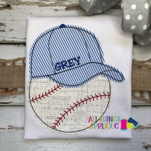 Baseball Applique Design for Machine Embroidery - Bean Stitch - Raggy Applique with Baseball Cap on Baseball by All Things Applique