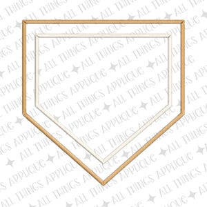 May include: A baseball home plate design in three layers. The outermost layer is a light brown color, the middle layer is white, and the innermost layer is a lighter white. The background has a repeating pattern of the text "ALL THINGS APPLIQUE".