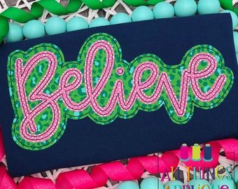 Believe Hand Lettered Cursive Applique Design - Double Layer Stacked Bean Stitch Applique with Christmas Word