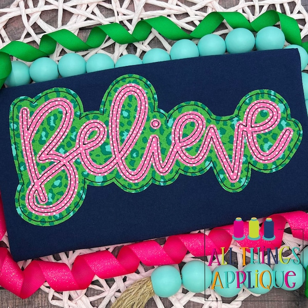 Believe Hand Lettered Cursive Applique Design - Double Layer Stacked Bean Stitch Applique with Christmas Word