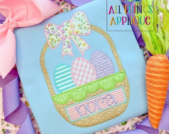 Easter Egg Basket with Bow Applique  - Zig Zag Stitch Machine Embroidery Design - Instant Download for use with Embroidery Machine