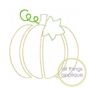 May include: A simple line drawing of a pumpkin with a stem and leaf. The pumpkin is outlined in brown thread and the stem and leaf are outlined in green thread.