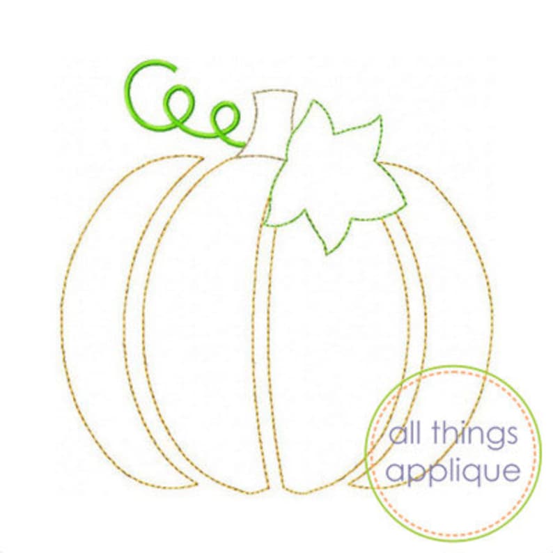 May include: A simple line drawing of a pumpkin with a stem and leaf. The pumpkin is outlined in brown thread and the stem and leaf are outlined in green thread.