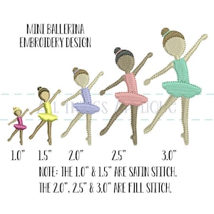 May include: Five embroidered ballerina designs in various sizes, ranging from 1.0 inches to 3.0 inches. The smaller ballerinas are stitched with satin stitch, while the larger ballerinas are stitched with fill stitch.