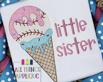 Baseball Drip Ice Cream Cone Embroidery Design - Sketch Stitch Machine Embroidery Design - Instant Download