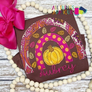 Rainbow Applique Design with Pumpkin and Fall Leaves - Bean Vintage Stitch Applique Embroidery Design by All Things Applique