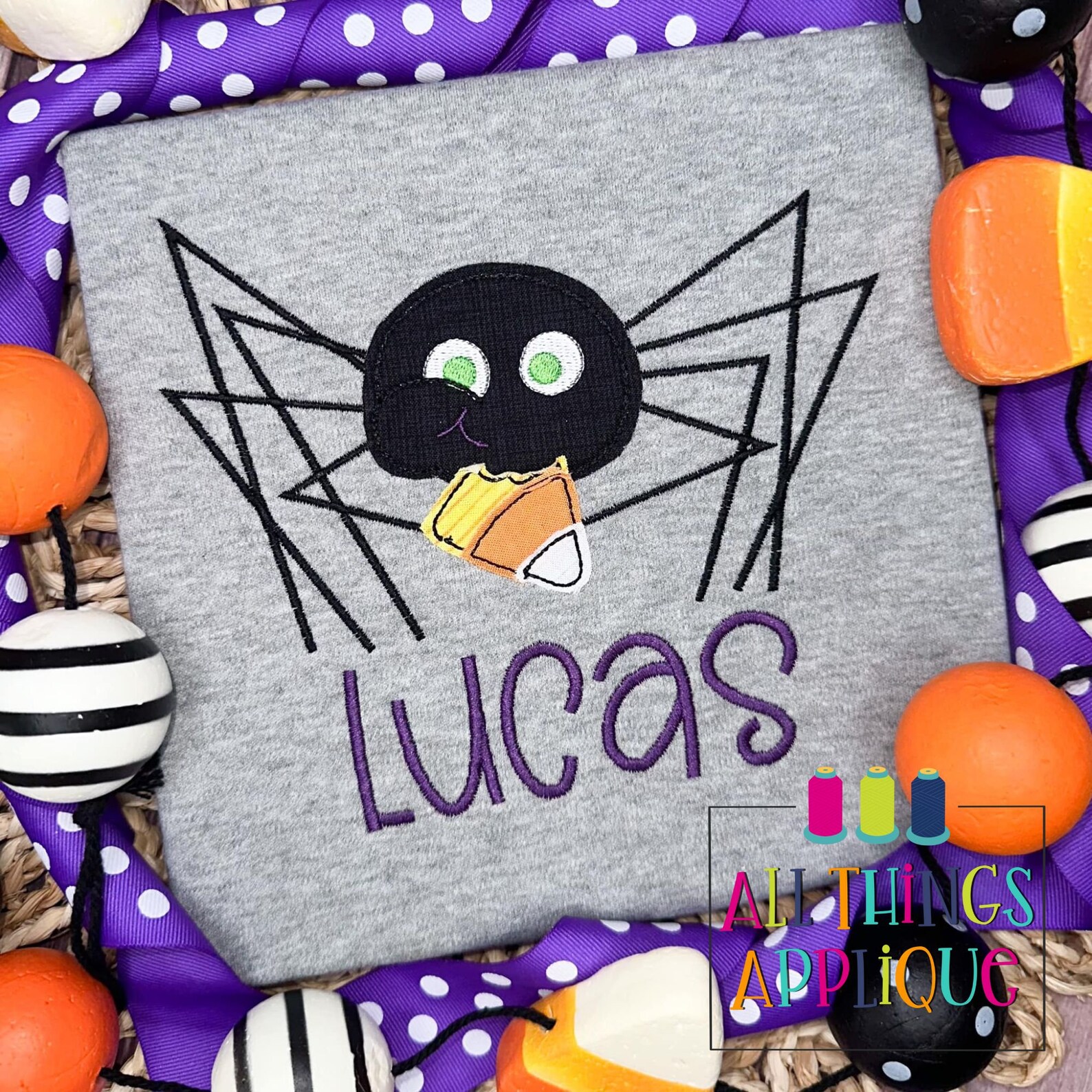 Halloween Applique Design - Spider Eating Candy Corn Bean Stitch ...