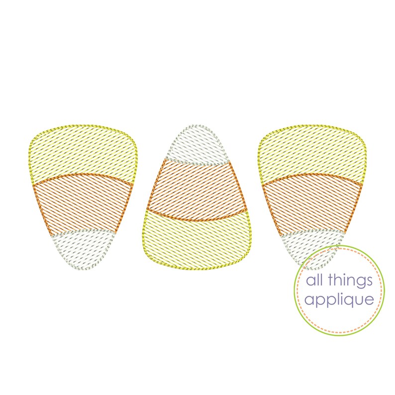 May include: Three yellow, orange, and white candy corn shapes. The candy corn shapes are outlined in green and have a striped pattern.