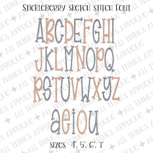 Stickleberry Sketch Stitch Embroidery Font - Tall and Skinny - 26 Uppercase and 5 Lowercase Vowels - 4&quot; 5&quot; 6&quot; 7&quot; - BX Format Included