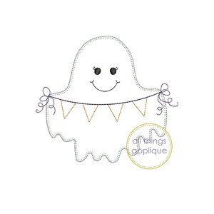 May include: A white ghost with a smiling face and black eyes holds a string of orange and white triangle flags. The ghost is outlined in black stitching. The text "all things applique" is in a circle below the ghost.