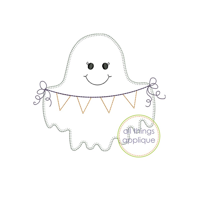 May include: A white ghost with a smiling face and black eyes holds a string of orange and white triangle flags. The ghost is outlined in black stitching. The text "all things applique" is in a circle below the ghost.