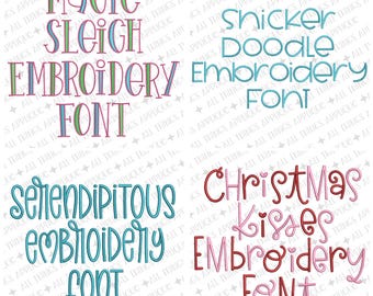 May include: A collection of embroidery fonts with various styles and colors. The image includes the words "MAGIC SLEIGH EMBROIDERY FONT", "Snicker Doodle Embroidery Font", "Serendipitous Embroidery Font", and "Christmas Kisses Embroidery Font".
