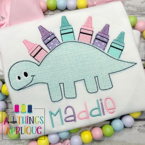 Back to School Stegosaurs Dinosaur with Crayons - Bean Stitch Machine Embroidery Applique Design - All Things Applique