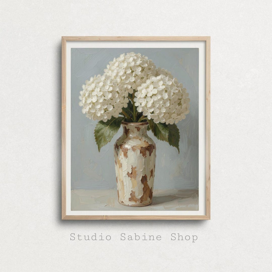 White Hydrangea Still Life Oil Painting Print. Vintage Floral Botanical ...