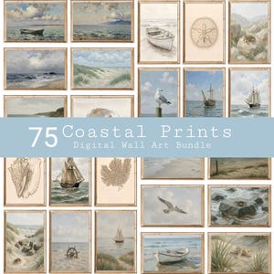Op de afbeelding: Een collectie van 75 kustprints in een digitaal wandkunstpakket. De afbeeldingen tonen diverse nautische en strandtaferelen, waaronder zeilboten, roeiboten, meeuwen, schelpen, krabben, zandduinen en oceaangolven in diverse kleurenpaletten.