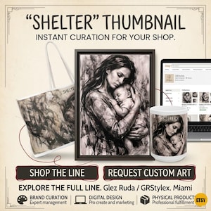 Könnte beinhalten: Eine Präsentation mit Tragetasche, gerahmtem Druck und Becher, die alle eine Graustufenillustration einer Mutter mit ihrem Baby zeigen. Das Wort "SHELTER" ist auf der Tragetasche und dem Becher zu sehen. Ein Laptop mit einem Etsy-Shop ist ebenfalls abgebildet.