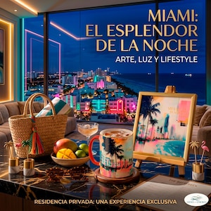 May include: A woven straw tote bag, a ceramic mug with a colorful Miami beach scene, a bowl of mangoes and limes, a cocktail glass, sunglasses, and a framed print on an easel, all set against a backdrop of a nighttime Miami city skyline.