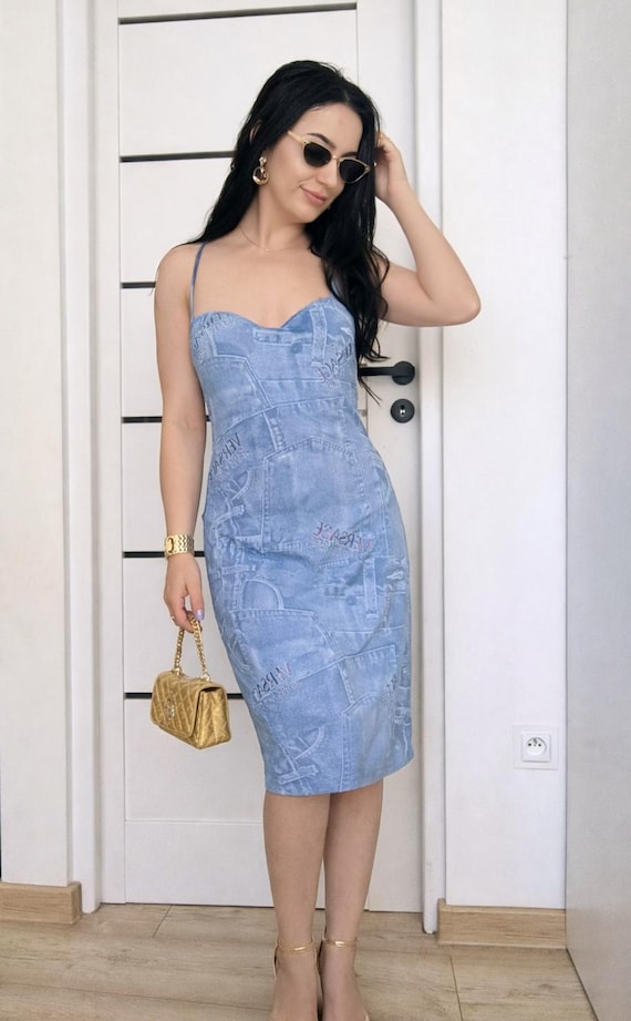 Vintage Versace Jeans Couture Dress Y2K 2000s Bodycon Midi Denim Print Made in Italy Ittierre Archival