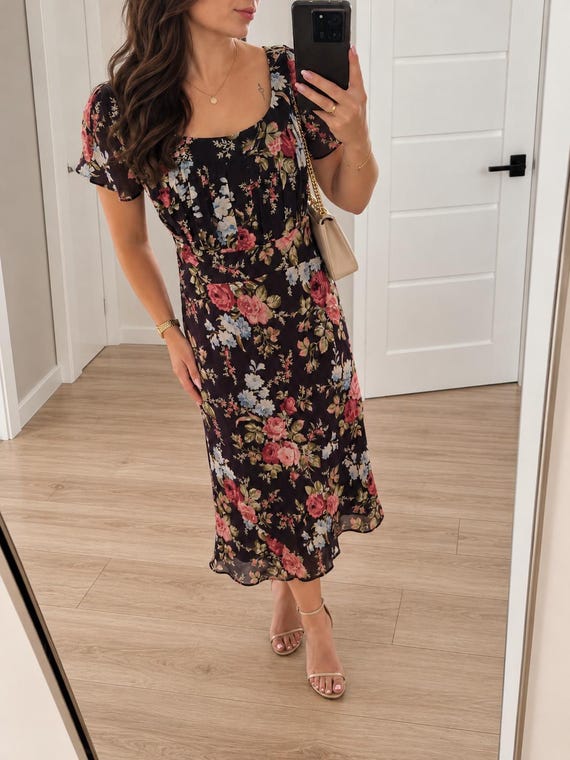 Laura Ashley Vintage Floral Midi Dress – Romantic Dark Purple Rose Print, Silk Lined, Short Flutter Sleeves, Size M/L