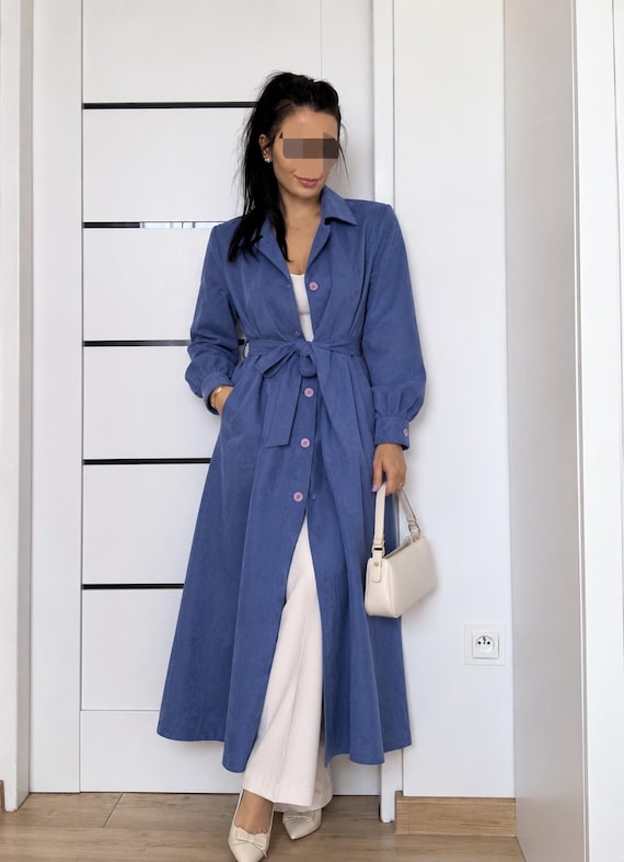 Akris, Vintage AKRIS Royal Blue Trench Coat Luxury Alcantara Faux Suede Long Jacket Minimalist Swiss Designer Belted Overcoat Size M EU 38