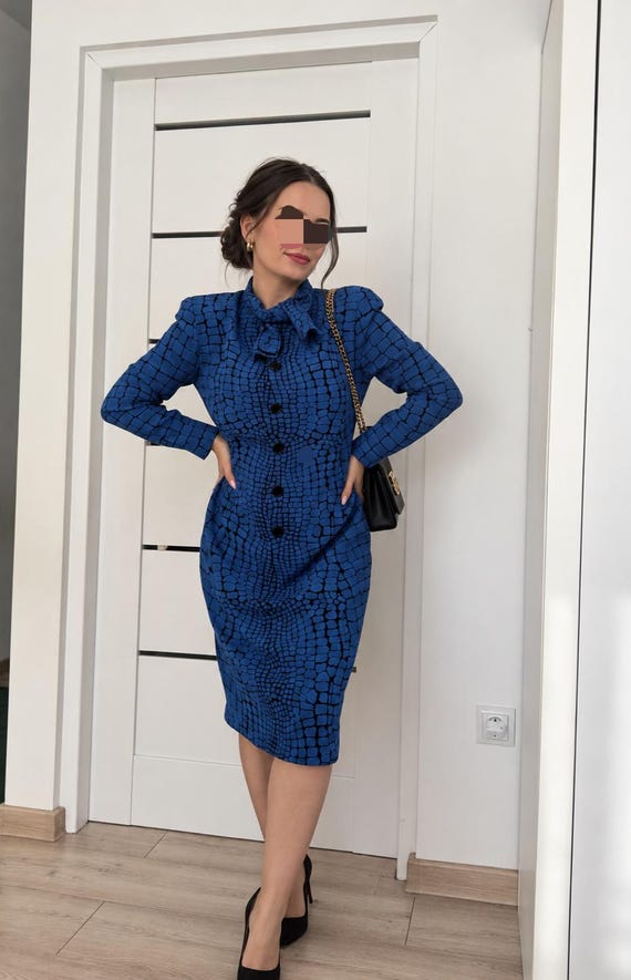 Akris, Vintage Akris Club Wool Dress, Blue Crocodile Print, Swiss Designer Midi Dress