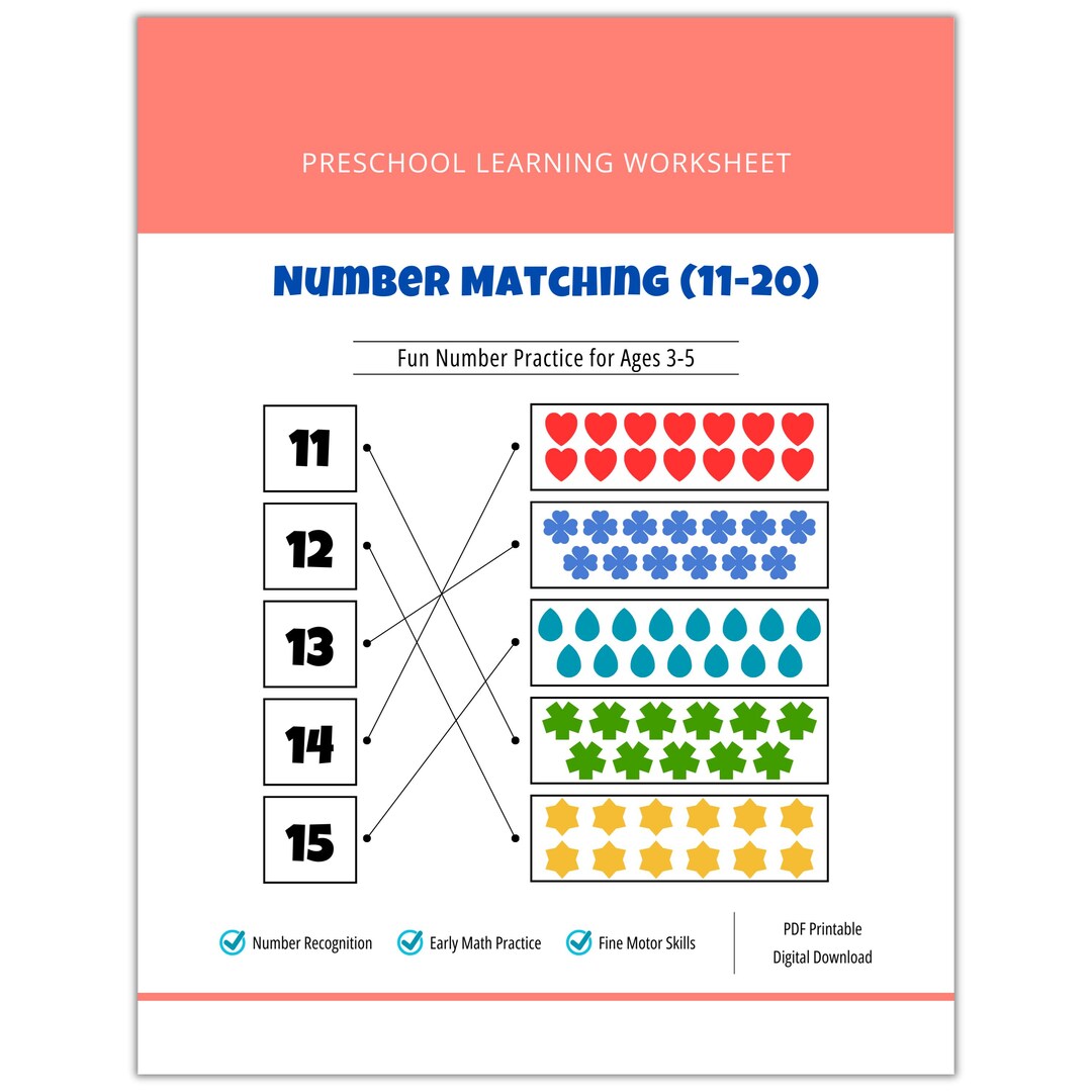 Number Matching (11-20) Worksheet Printable, Preschool Math Activity ...
