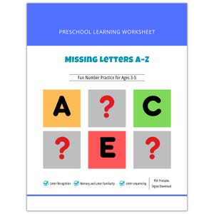 May include: A preschool learning worksheet titled "Missing Letters A-Z". The worksheet features colorful blocks with letters and question marks. The text "Fun Number Practice for Ages 3-5" is also present. The worksheet is a PDF printable digital download.