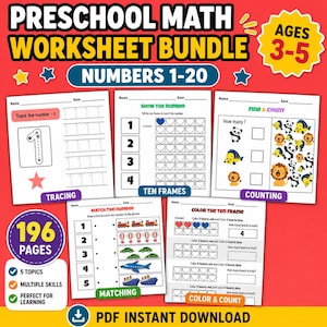 May include: A preschool math worksheet bundle featuring 196 pages of activities for ages 3-5, including tracing numbers 1-20, ten frames, counting, matching, and color and count exercises with illustrations of animals, vehicles, and hearts.