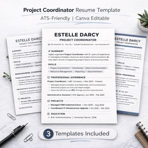 Project Coordinator Resume Template | ATS-Friendly Canva CV | 3 Professional Resume Designs + AI Prompts