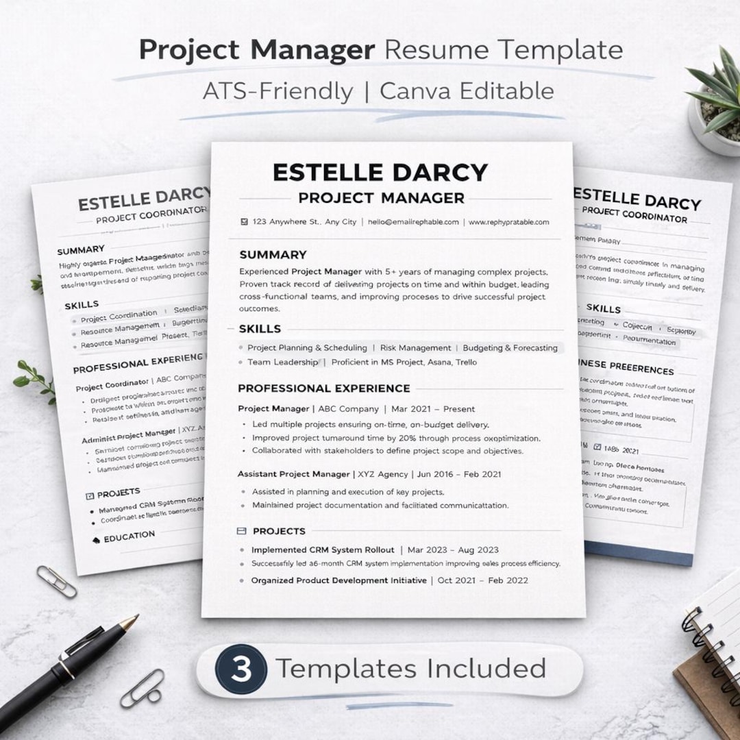Project Manager Resume Template | Ats-friendly Canva CV | 3 ...
