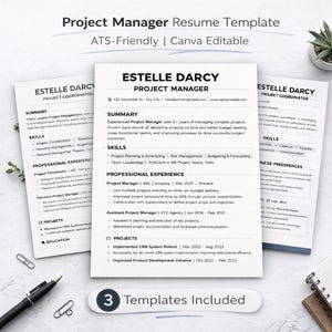Project Manager Resume Template | ATS-Friendly Canva CV | 3 Professional Resume Designs + AI Prompts
