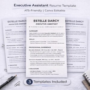 May include: A professional resume template for an Executive Assistant. The design includes three templates with a clean, modern layout. The resume features sections for summary, skills, and professional experience, with a focus on ATS-friendly design and Canva editing.