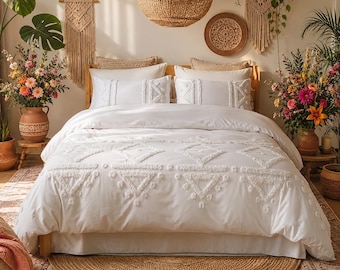 White Tufted Duvet Cover Set | Geometric Embroidery, Boho Farmhouse Bedding