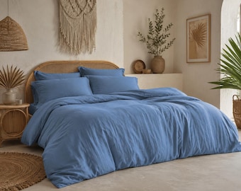 Juego de funda nórdica de lino lavado – Ropa de cama bohemia azul suave, decoración minimalista para el dormitorio