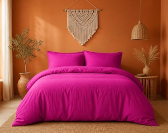 Effen fuchsia linnen dekbedovertrekset | Effen minimalistisch beddengoed | Boho-stijl | Zacht gewassen linnen