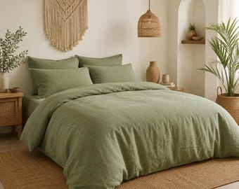 Sage Green Linen Duvet Cover Set – Soft Washed Bedding, Minimalist Boho Decor