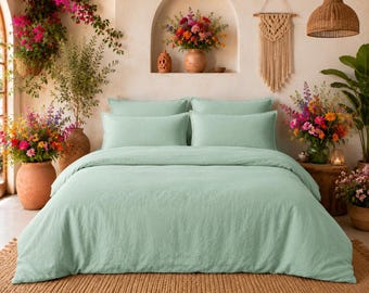 Seafoam Green Linen Duvet Cover Set | Soft Sage Boho Minimalist Bedding