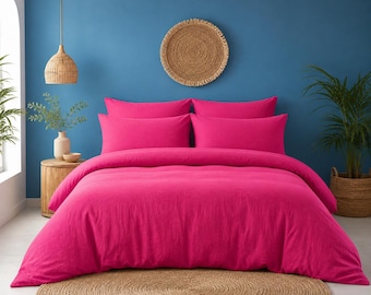 Juego de funda nórdica de lino rosa magenta / Ropa de cama minimalista estilo boho, edredón suave lavado