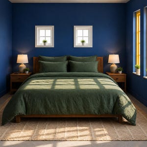 Jägergrün gewaschenes Leinen Bettwäsche Set | Weiche, atmungsaktive Bettwäsche, modernes Schlafzimmerdekor