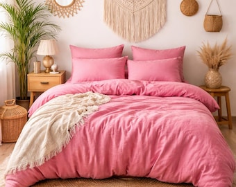 Dusty Pink Washed Linen Duvet Cover Set – Soft Breathable Boho Bedding, Natural Minimalist Home