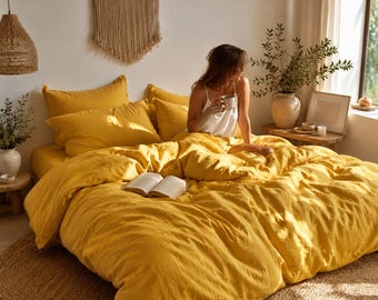 Juego de funda nórdica de lino lavado color amarillo mostaza – Edredón de ropa de cama rústico bohemio
